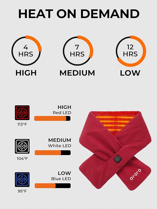 ORORO Heated Scarf, Up to 12 Hours of Warmth, Heated Neck Warmer with Rechargeable Battery