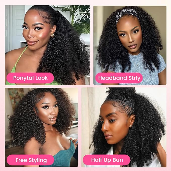 WOWANGEL Kinky Curly Half Wig Human Hair 180% Density Flexi-Fit Invisi 3 in 1 Wigs Flip Drawstring Wig Glueless Wear and Go Headband Wig 100% Human Hair for Women, Natural Black, 18 Inch