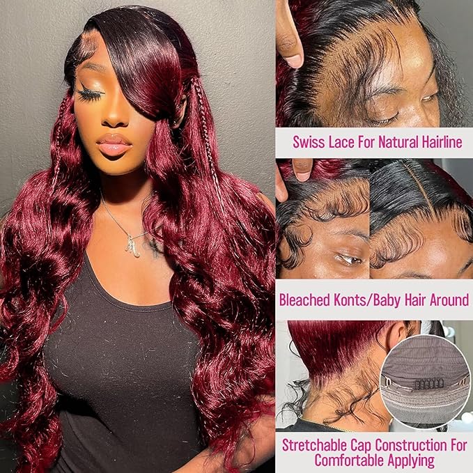 250% density 1b 99j Burgundy Lace Front Wigs Human Hair Red Burgundy Wig Human Hair 13x6 HD Body Wave Lace Front Wigs Human Hairs for Women burgundy ombre lace front wig human hair