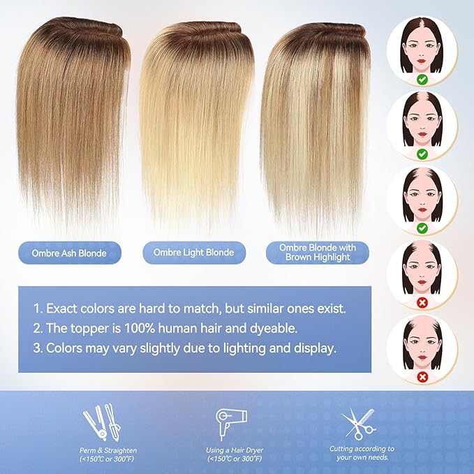 HAIRCUBE Hair Toppers 100% Real Human Hair,Ombre Blonde with Brown Highlight, 5.5"*4" MONO Large Base, 46g Hand-moven Real Human HairToppers for Women with ThinningHair