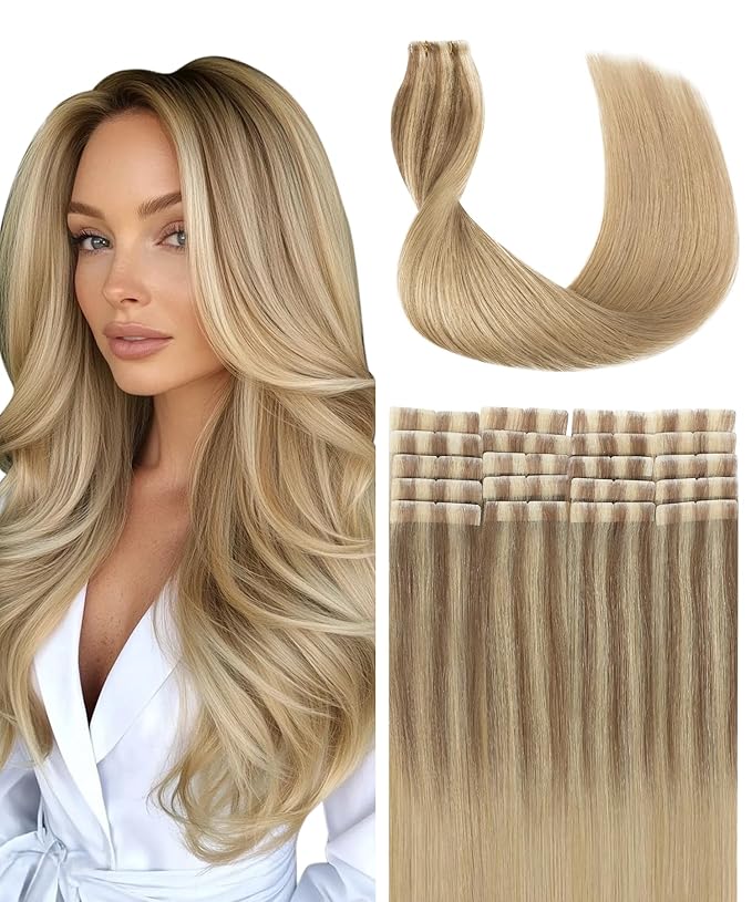 SURNEL Injected Seamless Tape in Hair Extensions 14 Inch Golden Brown to Caramel Blonde Seamless Remy Invisible Tape in Extensions 20 Pcs 30g(#102727,14)
