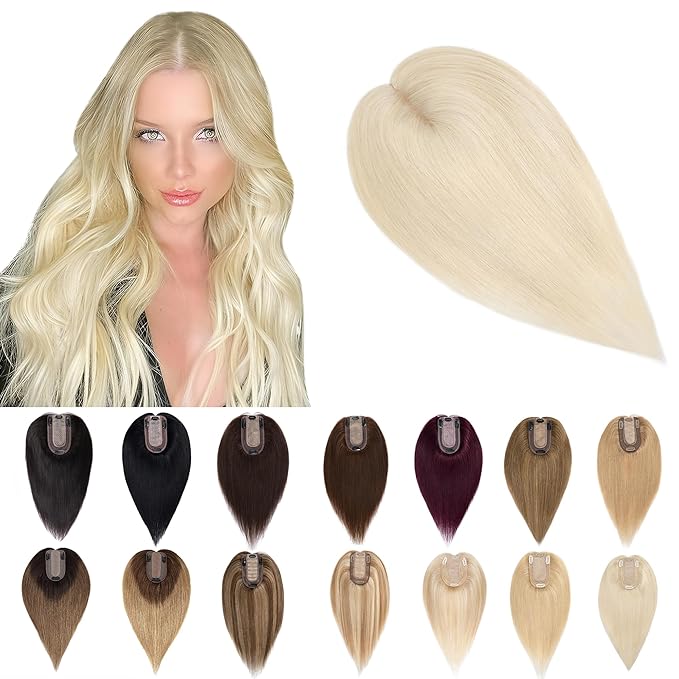 SEGO Human Hair Toppers for Women With Thinning Hair, 7 * 13CM Silk Base 100% Real Human Hair Clip in Top Wiglet Hairpieces /14 Inch No Bangs Platinum Blonde