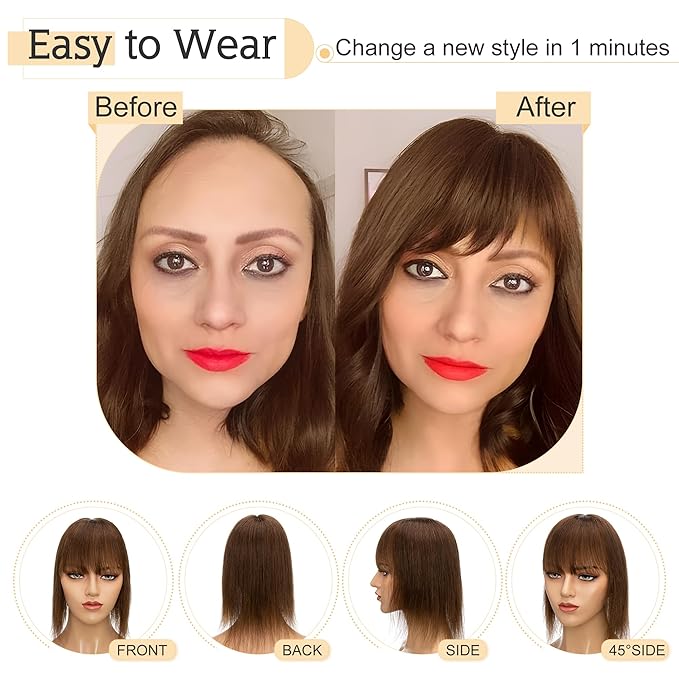SEGO Hair Toppers for Women Real Human Hair With Bangs, 7 * 13CM Silk Base 100% Remy Human Hair Clip in Top Wiglet Hairpieces Add Volume -16 Inch Medium Brown
