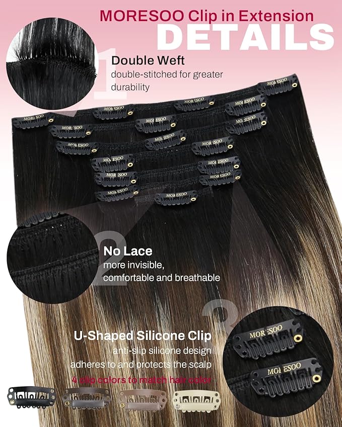 Moresoo Balayage Clip in Hair Extensions Human Hair Clip on Hair Extensions Ombre Black to Brown with Caramel Blonde Double Weft Full Head 7Pcs 120G 22 Inch