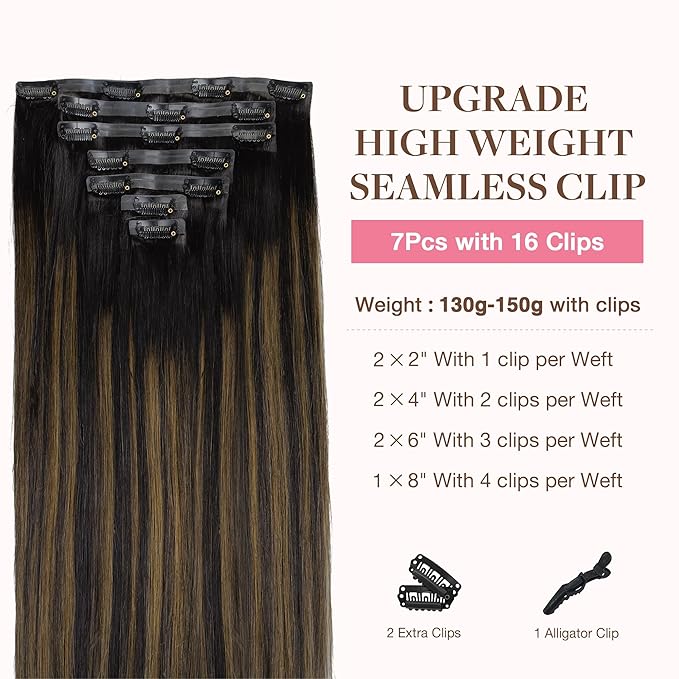 GOO GOO Clip in Hair Extensions Real Human Hair, Remy Human Hair Extensions Clip ins for Women, Natural Human Hair, 20inch 150g 7Pcs, 1B/6/1B Balayage Natural Black to Chestnut Brown