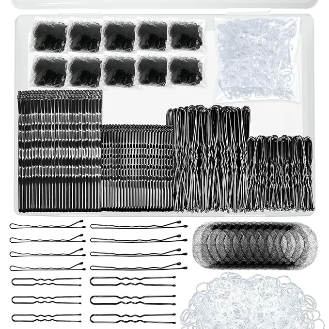 510PCS Black Bobby Pins Hair Pins Kit with Hair Net, YINGFENG Includes 100 Bobby Pins for Women, 100 U-Shaped Buns Hair Clips, 300 Hair Bands and 10 Black Hair Nets, Dance competition must haves
