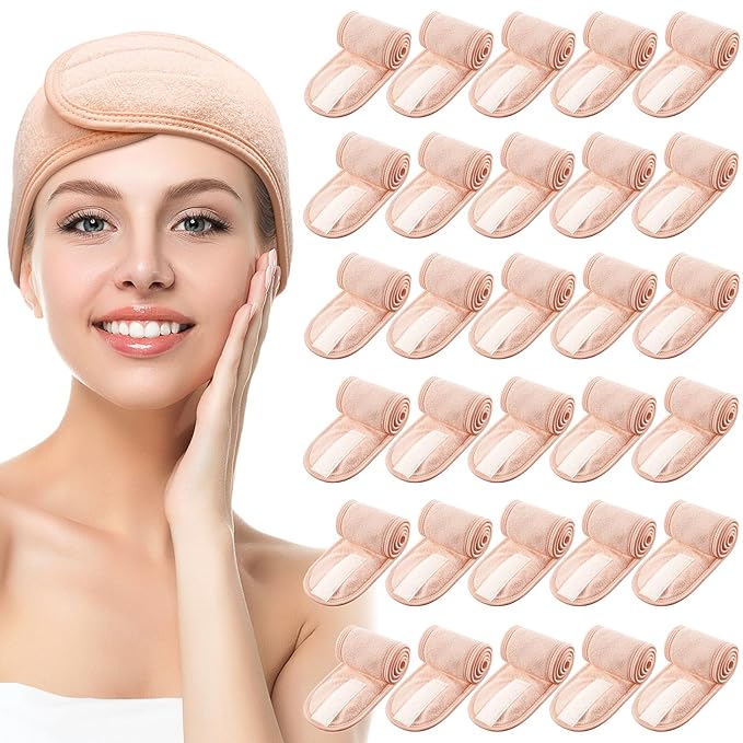 Hoteam 30 Pack Spa Headband Facial Esthetician Hair Wrap for Women Adjustable Makeup Sports Shower Stretch Towel with Tape(Light Pink)