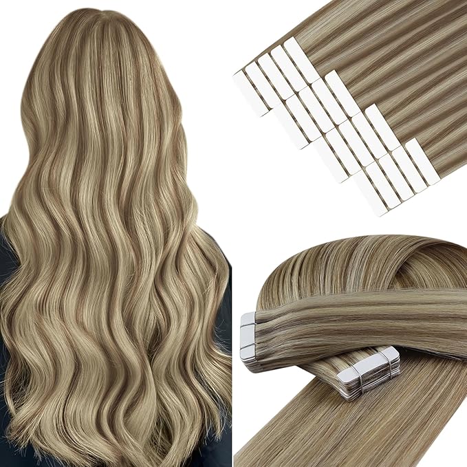 YoungSee Tape in Extensions Human Hair Brown to Blonde Tape Hair Extensions Real Human Hair Light Brown Highlight Blonde Tape-in Hair Extension Remy for Women Silky Straight Hair 16 Inch 20pcs 50g
