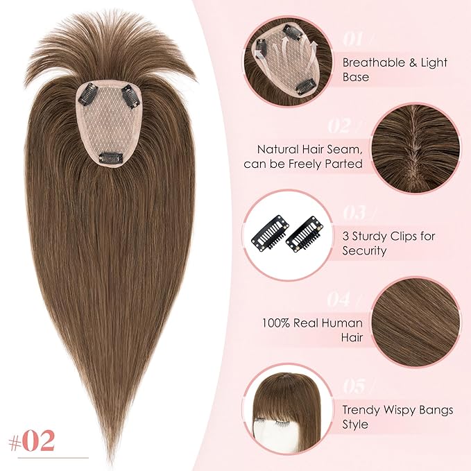 Hairro Human Hair Toppers with Wispy Bangs, 3.5x4.7" Hand-wovened Base for Women with Thinning Hair, Lightweight & Breathable Realistic Scalp, Clip-in Hairpieces for Easy Wear, 16 Inch Cocoa Brown