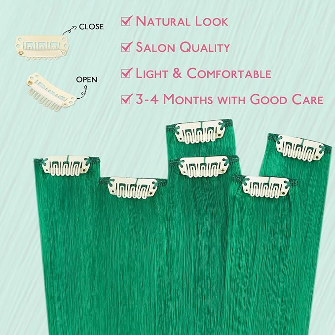 WENNALIFE Green Clip in Hair Extensions Real Human Hair 35g 6pcs 18 Inch Colored Hair Extensions for Kids Women Colorful Hair Pieces Pop-up Style Straight Extensiones De Cabello Humano Con Clip