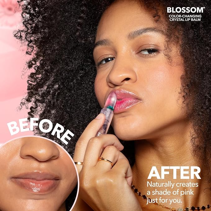 Blossom Moisturizing Custom Color Changing Crystal Lip Balm, Strawberry Scented, Lip Stain Tint, Infused with Real Flowers, 3g, Turquoise