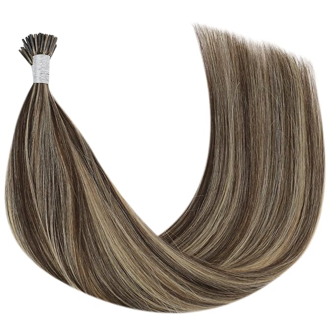 YoungSee I Tip Hair Extensions Human Hair Brown Highlight Itips Hair Extensions Human Hair Dark Brown with Blonde Highlight Tip Hair Extension Soft 20 Inch 50s 50g