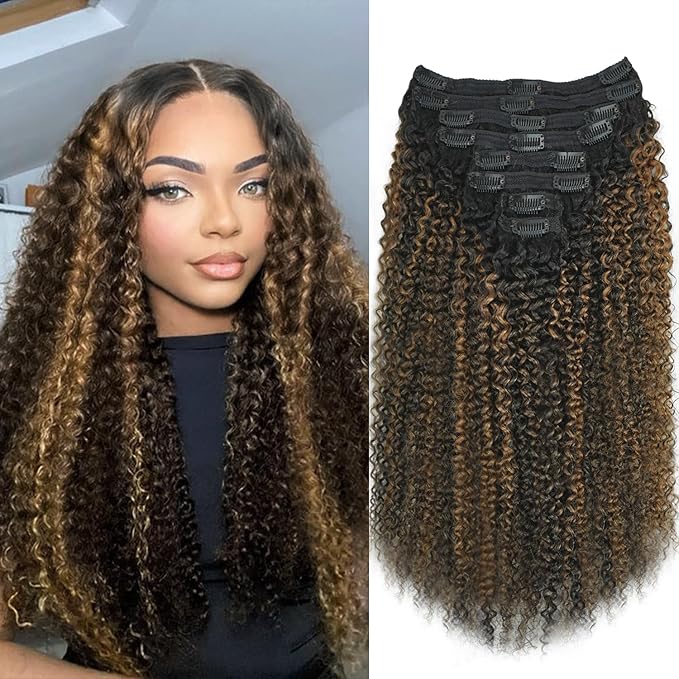 3c 4a Curly Clip in Hair Extensions T1BP1B/30 Omber Kinky Curly Clip ins For Women Brazilian Virgin Clip on Hair (26inch,T1BP1B/30)