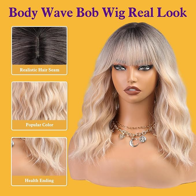 Curly Bob Wig with Bangs Short Wavy Ombre Blonde Wigs for Women Lob Haircut Synthetic Heat Resistant Bob Wigs 14IN