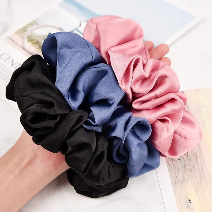 CEELGON Big Real Silk Scrunchies for Women Large Scrunchie Satin Oversized Silk Thick Elastic Hair Ties Jumbo Hair Scrunchies 3 Pack (black,pink,blue)
