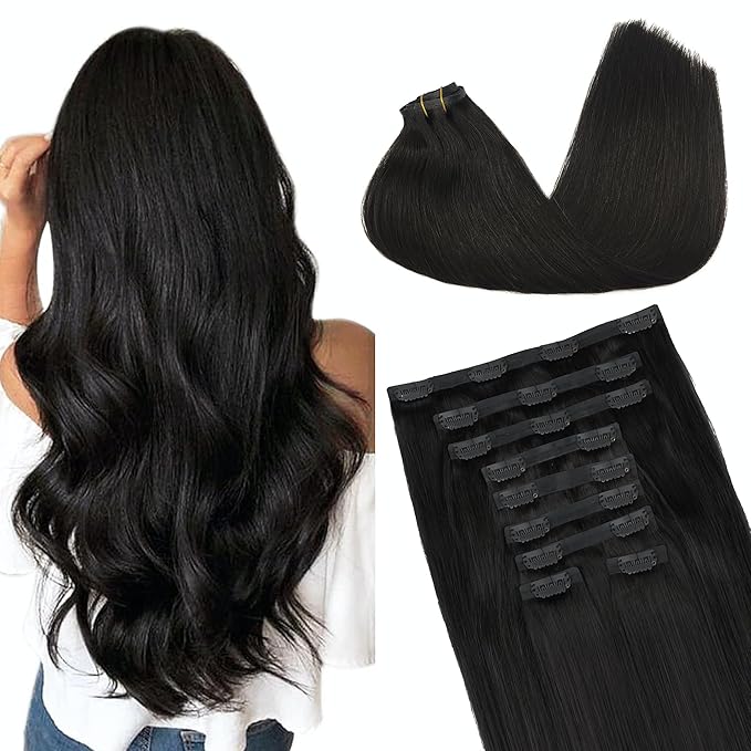 GOO GOO Clip in Hair Extensions Real Human Hair, Remy Human Hair Extensions Clip ins for Women, Natural Human Hair, 18inch 170g 9Pcs, #1B Natural Black