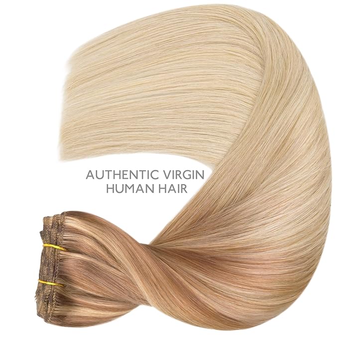 WENNALIFE Clip in Hair Extensions Real Human Hair, 14 Inch 120g 7pcs Ash Beige Blonde Blend Remy Hair Natural Double Weft