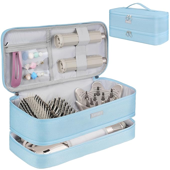 Travel Carrying Case Compatible with Shark Flexstyle/FlexFusion/Hair Dryer,Double-Layer Hair Hot Tools Storage Bag Fits for Dyson Airwrap Styler/Supersonic Hair Dryer and Attachments,Blue-Bag Only