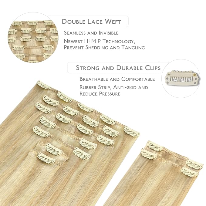 WENNALIFE Clip in Hair Extensions, 150g 16 Inch 9pcs Light Blonde Highlighted Golden Blonde Remy Hair Thicker Double Weft Extensiones De Cabello Humano Con Clip Ins Straight Full Volume