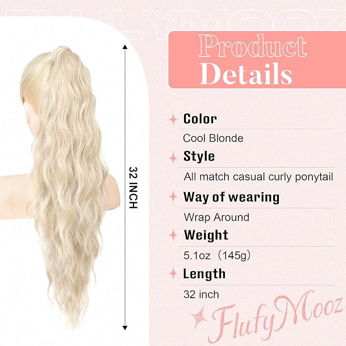FLUFYMOOZ Ponytail Extension, Flexible Wrap Around Ponytail Extension Long Wavy Curly Ponytail Hair Extensions Natural pony tail Synthetic Hairpiece for Women 32 Inch (Cool Blonde)