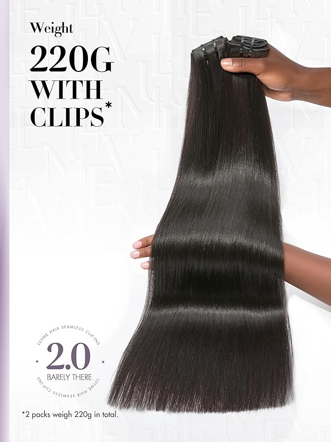 LUVME Invisible Clip in Hair Extensions, Yaki Straight Real Human Hair 20 Inch 2 Pack 220g 12pcs Clip ins Hair Extensions Natural Black for Women