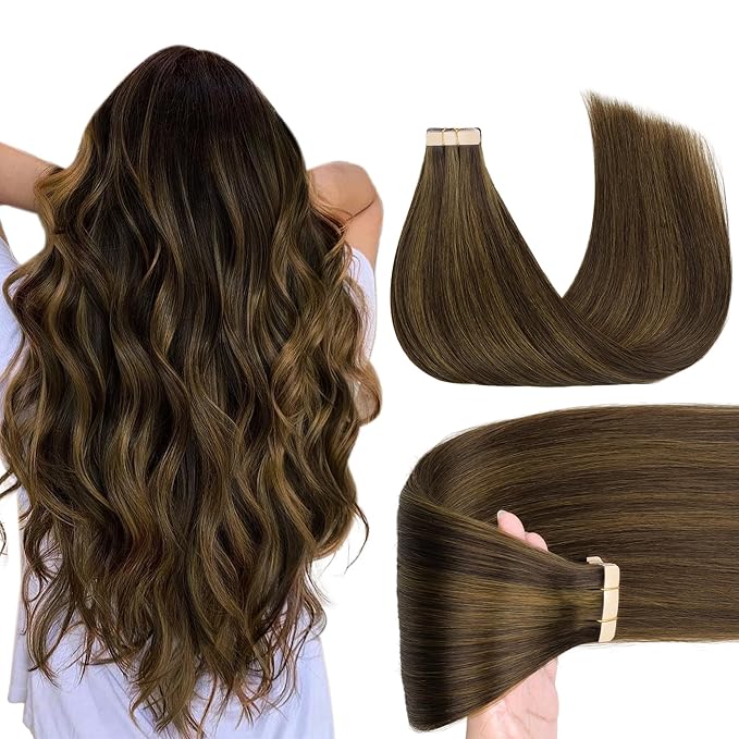 GOO GOO Tape in Hair Extensions Human Hair, 2C/4E/6C Brown Sugar Swirl Highlights, 14inch 50g 20pcs, Skin Weft Seamless Invisible, Silky Straight with Thick Ends, Remy Human Hair