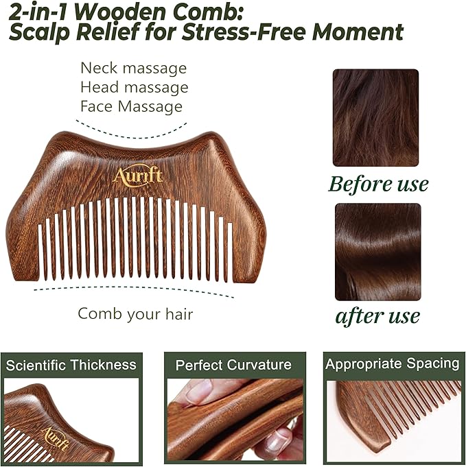 4-in-1 Gua Sha Tool with Mini Travel Small Massage Comb Set, Christmas Gifts for Women, Wooden Face & Body Massager Tool – Lymphatic Drainage, Jawline Sculpting, Head Scalp Massager Hair Growth