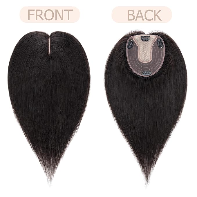 Hair Toppers for Women Real Human Hair No Bangs, 13 * 15 cm Larger Silk Base 150% Density Clip In Topper Hairpieces, Wiglet Top Pieces Add Volume -12 Inch 01B Natural Black