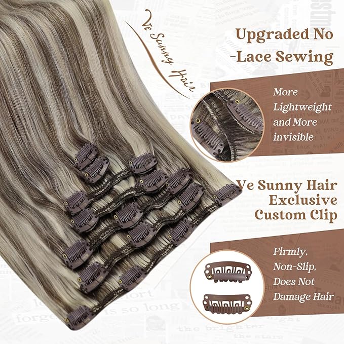Ve Sunny Clip in Hair Extensions Real Human Hair Highlights Clip in Extensions Light Brown Mix Platinum Blonde Clip on Hair Extensions for Women Straight Hair 7pcs 20inch 120g