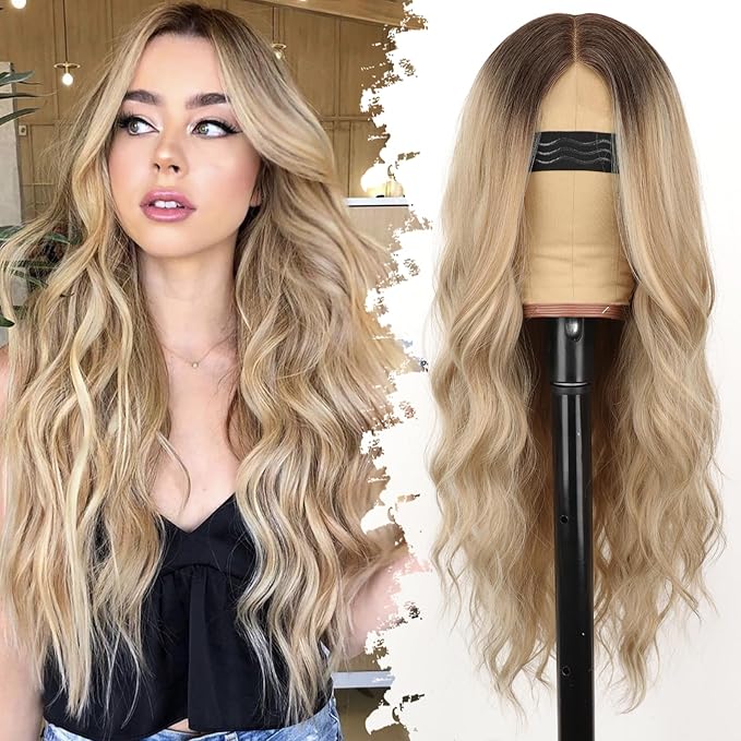 Honey Blonde Wig for Women Long Wavy 4x1 Lace Natural Hairline Glueless for Beginners Middle Part Synthetic for Daily Party Use 26Inch