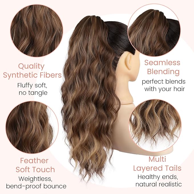 18" Ponytail Extension, Claw Clip Ponytail Extensions for Women Wavy Pony Tails Hair Extensions Fluffy Natural Looking Synthetic Hairpiece for Daily Use (Light Brown Mixed Honey Gold)