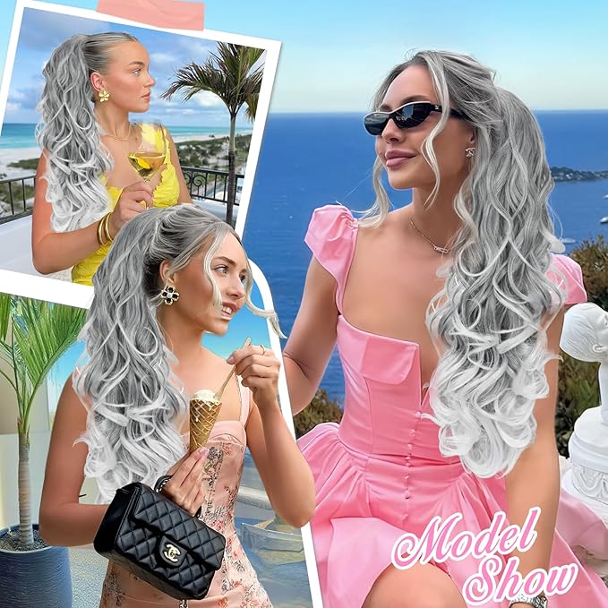 ALXNAN Ponytail Extension,24 Inch Claw Clip in Long Curly Wavy Grey with White Ends Ponytail Hair Extension Jaw Clip on Pony Tails Hairpiece for Women