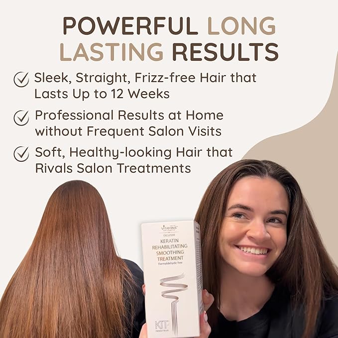 VITAMINS hair cosmetics Keratin Hair Treatment Straightening Kit - Salon Like at Home Keratin Treatment Formaldehyde Free - Hair Smoothing, Nourishing & Revitalizing 3-Step System