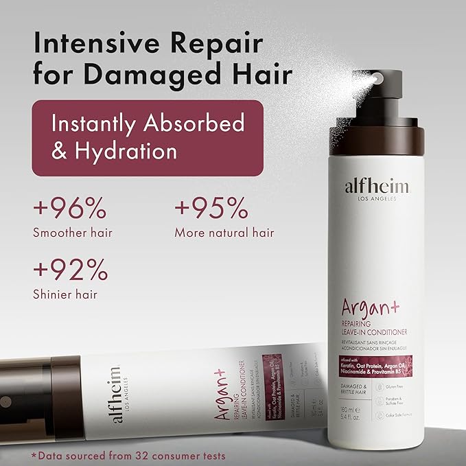 ALFHEIM Argan+ Repairing Leave-in Conditioner Spray for Dry, Damaged & Frizzy Hair with Argan Oil, Keratin, Oat Protein – Instant Detangling, Shine & Frizz Control – Color Safe, Sulfate Free – 5.4 oz