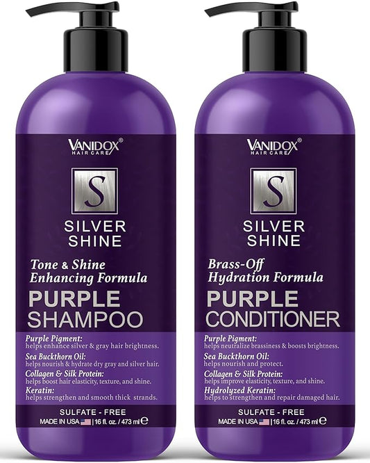 Sulfate Free Brass Toning Purple Shampoo and Conditioner Set for Grey and Silver Hair, Moisturizing & Color-Safe, Enhances Shine & Brightness, Made in USA (16 fl oz each)