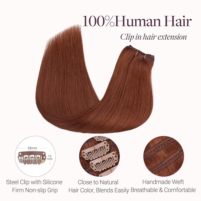GOO GOO Clip in Hair Extensions Real Human Hair, Remy Human Hair Extensions Clip ins for Women, Natural Human Hair, 20inch 120g 7 Pcs, #33B Dark Auburn Copper