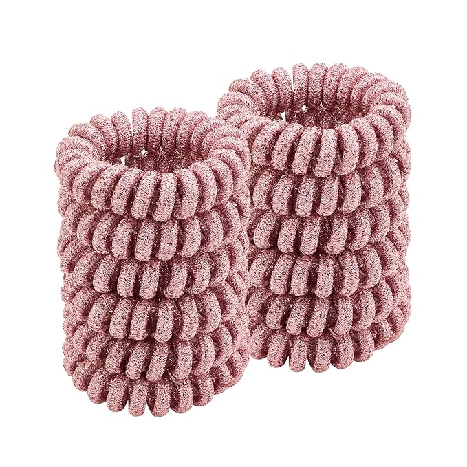 Spiral Glitter Pink Hair Ties for Women (12 Pcs) - Plastic Coil Ponytail Holders, No Crease Phone Cord Hair Ties for All Types