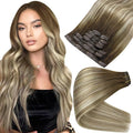 Full Shine Clip in Hair Extensions Brown Ombre Real Hair Clip in Extensions Light Brown Mix Blonde Seamless Human Hair Extension for Women Ease of Use 14 Inch 8 PCS 120G