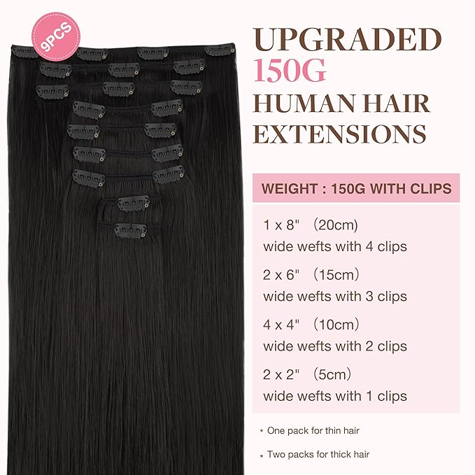GOO GOO Clip in Hair Extensions Real Human Hair, Remy Human Hair Extensions Clip ins for Women, Natural Human Hair, 26inch 260g 9Pcs, #1B Natural Black