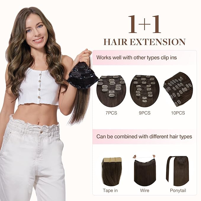 GOO GOO Clip in Hair Extensions Real Human Hair, Remy Human Hair Extensions Clip ins for Women, Natural Human Hair, 14inch 60g 4Pcs, 4/27/4 Balayage Chocolate Brown to Caramel Blonde
