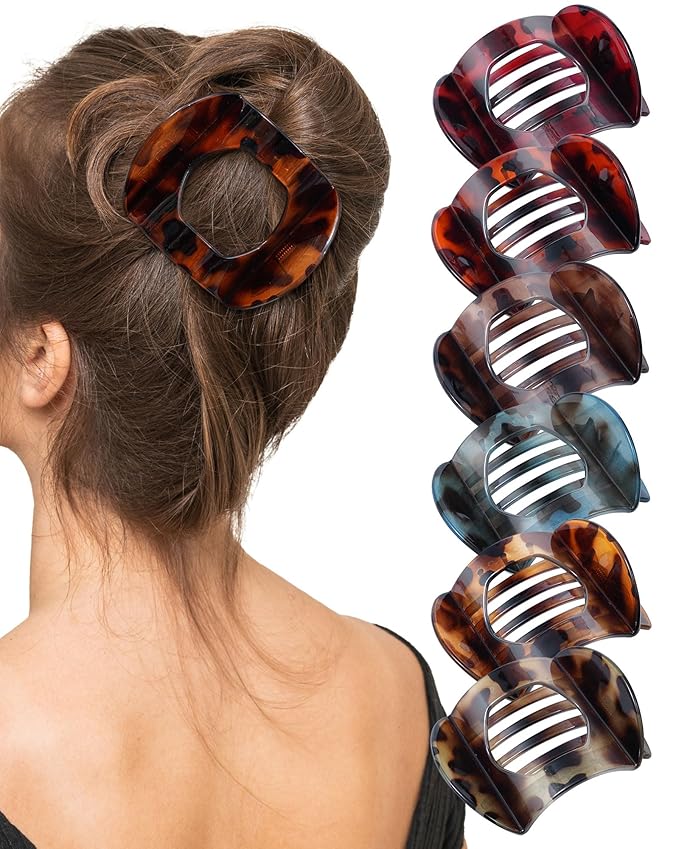 6 Pack Flat Hair Clips for Women, No-Slip Flat Claw Clips,Large Strong Hold Square French Claw Clips for All Hair Textures(Glossy Leopard Print 1)