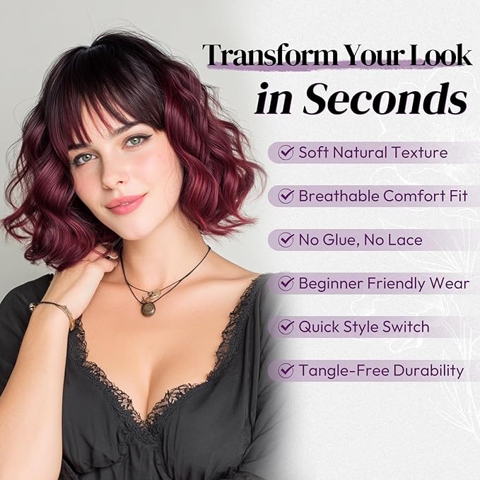 BARSDAR Red Ombre Short Wavy Wig with Bangs - Short Wavy Black to Red Ombre Wig for Women - Soft Synthetic Fluffy Curly Textured French Bob Wigs with Bangs Natural Looking Face-Framing