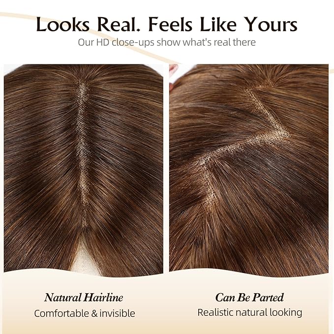 Large MONO Top Hair Toppers for Women Remy Human Hair 14 Inch 6"x7" Big Base Partial wig Cover Thinning Hair or Loss No Bangs Natural Wiglets(Dark Brown)