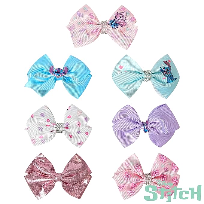 LUV HER Lilo & Stitch Licensed Girls Hair Bows - Themed Hair Accessories Gift Set, 7-Piece 4-Inch Bundle, Alligator Clips, Ages 3+