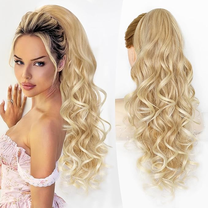ALXNAN Ponytail Extension,24 Inch Claw Clip in Long Curly Mixed Blonde Ponytail Hair Extension Jaw Clip on Pony Tails Hairpiece for Women