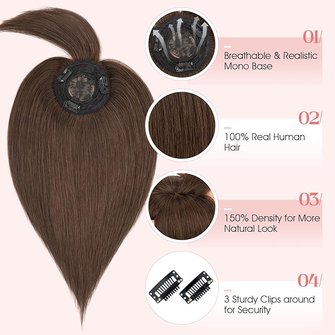 Hairro Mono Hair Toppers with Bangs, 3.4" x 3.4" Mono Base 100% Real Human Hairpieces for Women, 150% Density Clips In Topper for Greyish Thinning Hair, 6 Inch Dark Brown
