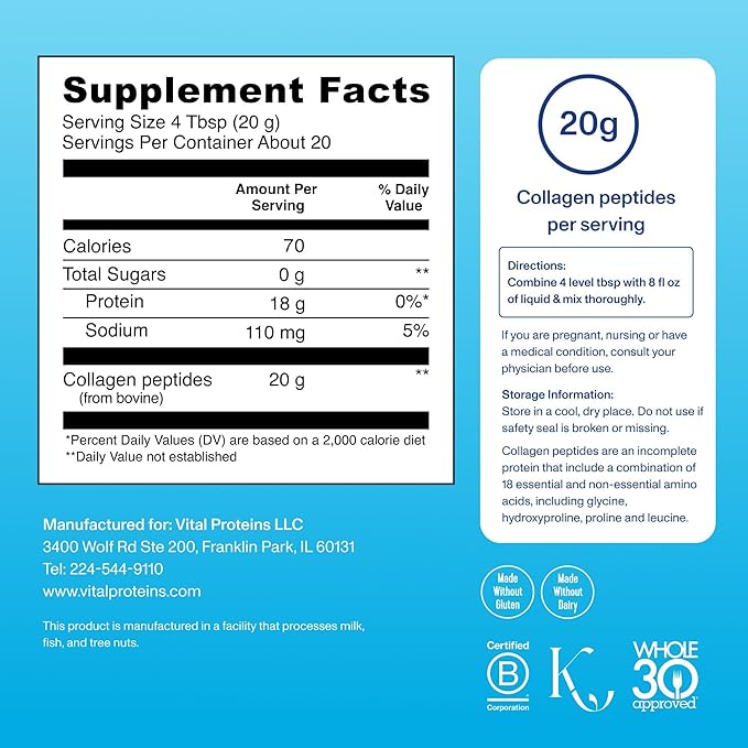 Vital Proteins Collagen Peptides Powder - Grass Fed Collagen Peptides for Hair, Nail, Skin, Bone & Joint Health, Unflavored, 14.3oz