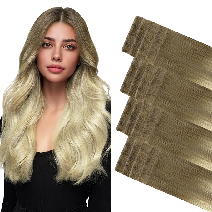 GOO GOO Invisi Edge Tape in Hair Extensions Human Hair, 9/60 Balayage Ash Brown to Platinum Blonde, 20pcs 16inch 50g, Virgin Remy Hair, Seamless Injected Tape, Natural Look
