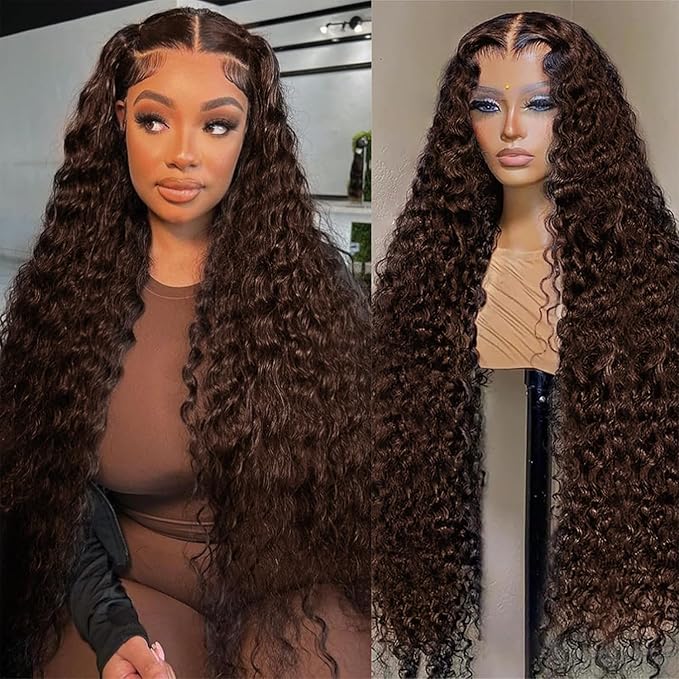 13x6 Deep Wave Lace Front Wigs Human Hair Chocolate Brown 210 Density HD Lace Front Wigs Human Hair Curly Wig Pre Plucked Human Hair Glueless Frontal Wigs with Baby Hair 32Inch
