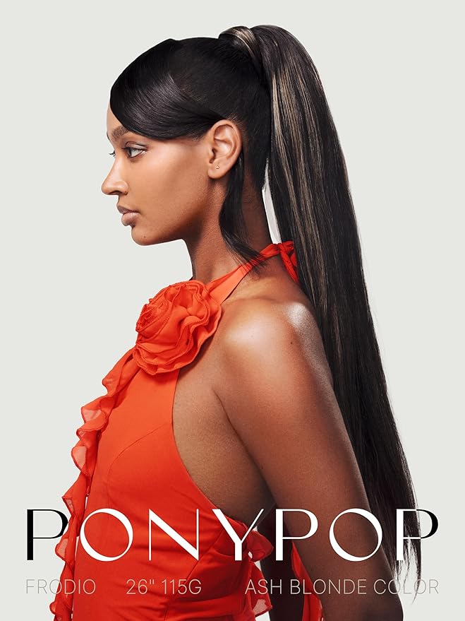 Frodio Clip in Ponytail Extension Human Hair for women Straight 18 Inches Long Straight Hair drawstring Ponytail Highlight